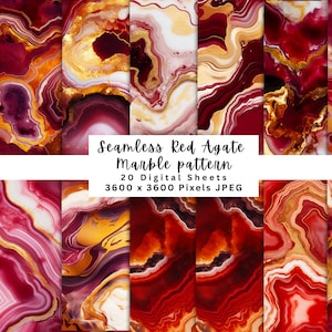 May include: 20 digital seamless patterns featuring red agate marble with gold veins. Each pattern is 3600 x 3600 pixels in size.
