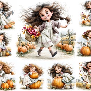 May include: A collection of illustrations featuring a young person with long brown hair in various autumn scenes, wearing a white dress and a knit cardigan, interacting with pumpkins, baskets of red apples, and colorful fall foliage in fields.