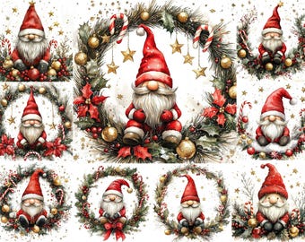 May include: Watercolor illustrations of Christmas gnomes in red hats and suits, surrounded by wreaths of holly, berries, and gold ornaments. Candy canes and gold stars add festive details to the holiday theme.
