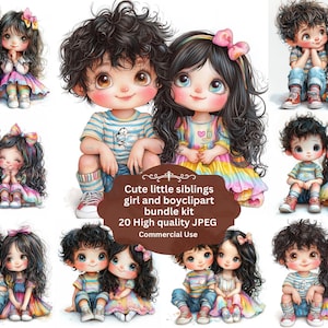 Aquarell süße Geschwister schrulliger Bruder Schwester Vintage Clipart Bundle, transparentes JPEG, süße Mädchen Clipart, Sublimation, Papierwesen