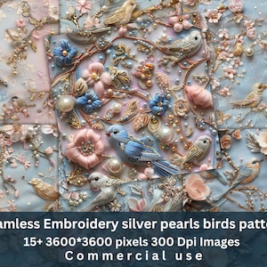 Peut inclure: Un motif de broderie sans couture avec de délicats oiseaux bleus, des fleurs roses et des perles argentées. Le motif est parfait pour créer des designs de tissus uniques et magnifiques.