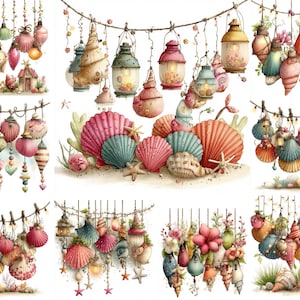 20 Seashell Garland Clipart Bundle | Coastal Boho Decor Illustrations | Beach Shell Hanging Ornaments |  Nautical Art | JPEG Download