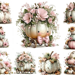May include: A collection of nine illustrations featuring pumpkins in various arrangements, including pumpkins decorated with pink flowers, pumpkins stacked in towers, a pumpkin carriage, and a pumpkin in a woven basket, all in soft pastel tones.