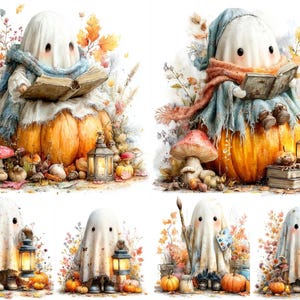Op de afbeelding: Een collectie van zes illustraties met witte geestfiguren gehuld in stof, elk interagerend met herfstelementen zoals oranje pompoenen, kleurrijk herfstblad, paddenstoelen, lantaarns en boeken, gepresenteerd in een zachte aquarel-stijl.