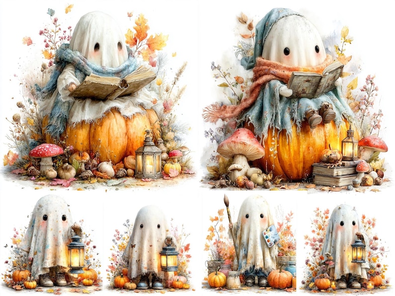 Op de afbeelding: Een collectie van zes illustraties met witte geestfiguren gehuld in stof, elk interagerend met herfstelementen zoals oranje pompoenen, kleurrijk herfstblad, paddenstoelen, lantaarns en boeken, gepresenteerd in een zachte aquarel-stijl.