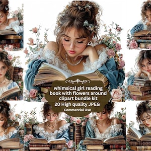 Book Lover girl reading Clipart, Girl Reading on Books, Literary Art, Printable Watercolor, High-Quality JPGs, Paper Craft, Junk Journal