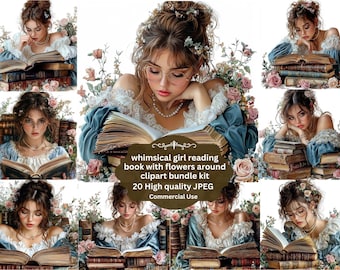 Book Lover girl reading Clipart, Girl Reading on Books, Literary Art, Printable Watercolor, High-Quality JPGs, Paper Craft, Junk Journal