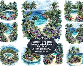 Tropical Beach island Clipart, Palm Trees, beach Clipart, Tropical Island Scene Landscape Exotic Beach Sea View Vacation  Clipart Watercolor