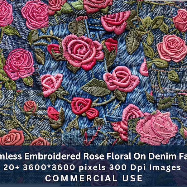 Embroidered red Rose Blossoms on Denim Seamless Patterns, Antique Flowers Jeans Scrapbook Papers, Country Floral Printable Backgrounds
