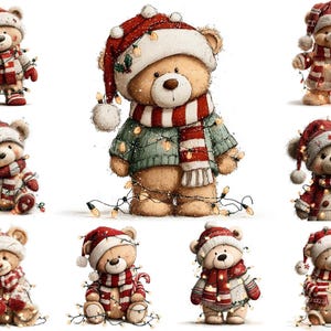 Könnte beinhalten: Eine Sammlung entzückender Teddybären, die für die Feiertage gekleidet sind. Jeder Bär trägt einen rot-weiß gestreiften Schal und einen passenden Hut. Einige sind mit Lichterketten geschmückt, was eine festliche und gemütliche Atmosphäre schafft. Die Bären sind vor weißem Hintergrund.
