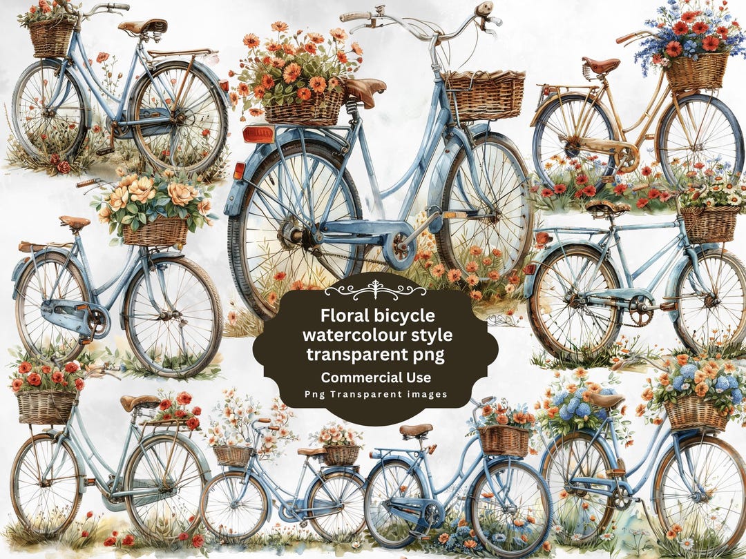 Watercolor Floral Bicycle Spring Vibe Clipart Bundle Watercolor ...
