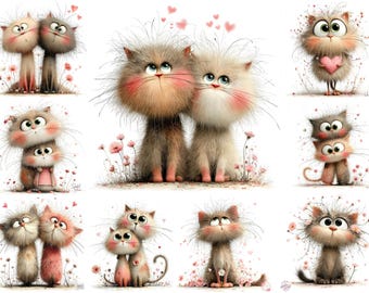 Valentine Cats Clipart JPG , Whimsical Watercolor Love Animals Cute craft valentine JPG Set ,Digital Download, commercial use kit