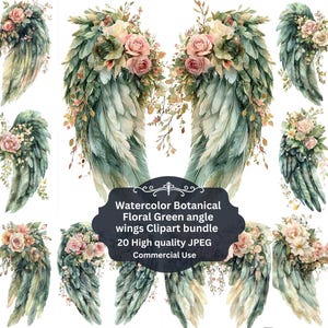 Puede incluir: Conjunto de imágenes prediseñadas de alas de ángel botánicas florales verdes en acuarela. La imagen presenta múltiples conjuntos de alas de ángel en tonos verdes, blancos y beige, adornadas con rosas rosas y crema y follaje. El texto en la imagen dice: "Watercolor Botanical Floral Green angle wings Clipart bundle".