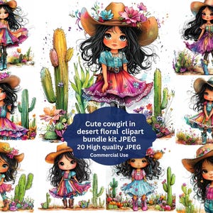 Clipart cow-girl lunatique mignon et original, adorable fille en tenue western, désert avec cactus | Art numérique à la ferme à la campagne, usage commercial