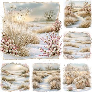 Op de afbeelding: Een verzameling van zes rechthoekige digitale illustraties met winterlandschappen met besneeuwde velden, gedroogd gras en bloeiende struiken. De scènes bevatten zacht licht en gedempte tinten wit, beige en roze met gerafelde randen.