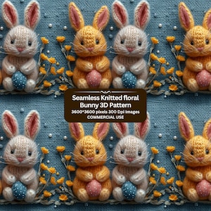 May include: A seamless pattern featuring knitted bunny rabbits holding Easter eggs. The bunnies are in white and yellow with pink ears and are surrounded by yellow flowers. The background is a blue burlap fabric with white pearl-like accents.