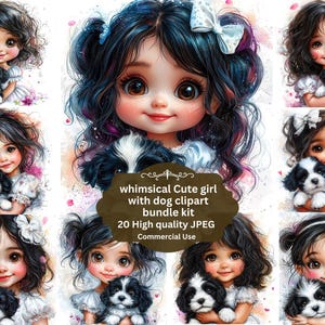 Mädchen mit Welpen, schrulligen Stil Clipart, Geschenk für süßen Hund, süßes Baby Mädchen, druckbares Aquarell, hochwertige JPGs, Papiermodell, Junk Journal