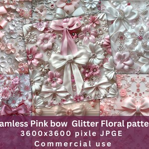 Puede incluir: Un patrón de papel digital sin costuras con lazos rosas y blancos, flores y purpurina. El patrón tiene 3600x3600 píxeles y está disponible para uso comercial.