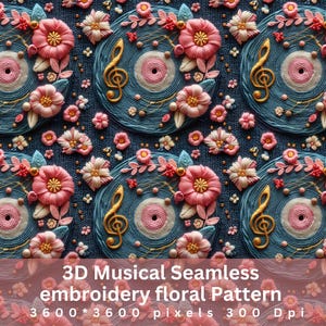 3d Musical floral digital paper music pattern embroidery floral bright background printable scrapbook papers Seamless Repeat Sublimation