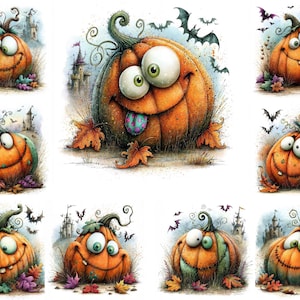 Könnte beinhalten: Eine Sammlung von neun Illustrationen mit orangefarbenen Kürbissen, die große, ausdrucksstarke Augen, breite Lächeln und verschiedene Gesichtsausdrücke haben. Einige tragen Hüte oder strecken die Zunge heraus, umgeben von Herbstblättern, Fledermäusen und Schlössern.