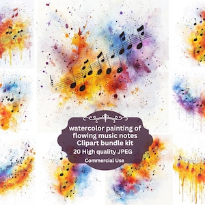 Watercolour colourful Musical Notes Clipart, Music Wall Art & Notes, Printable Watercolor, High-Quality JPGs, Paper Craft, Junk journal