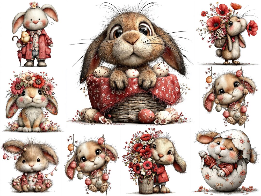 Cute Bunny Easter Clipart Bundle | Soft Illustrated Rabbit Nursery Art ...