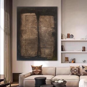 Minimalistische Kunst, dunkelbraunes & beiges abstraktes Gemälde, Skandinavische Kunst, schwarzes minimalistisches Wanddekor, Wabi Sabi Art, schwarze Wandkunst