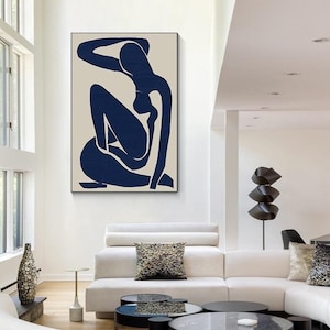 Arte de pared escandinavo, pintura abstracta azul marino y beige, decoración de pared minimalista azul, arte de pared Wabi Sabi, pintura abstracta azul oscuro