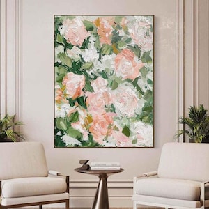 Grande peinture abstraite sur toile « Roses sauvages » beige vert minimaliste sur toile, peinture texturée pour intérieurs de maison