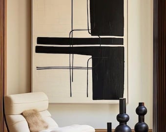 Ready to Hang-Large Minimalist abstract Painting, Modern Art for Living Room, Light Beige & Black Wall Art, Geometric Line Art on Canvas.