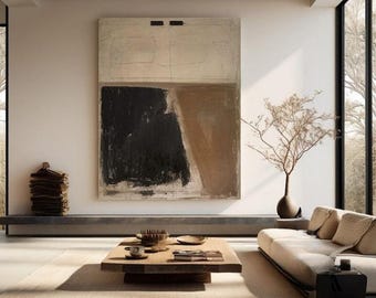 Scandinavian Wall Art, Light Brown Abstract Painting, Black Minimalist Wall Decor, Wabi Sabi Wall Art, Black Wall Art
