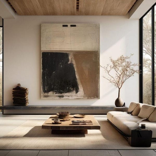 Scandinavian Wall Art, Light Brown Abstract Painting, Black Minimalist Wall Decor, Wabi Sabi Wall Art, Black Wall Art