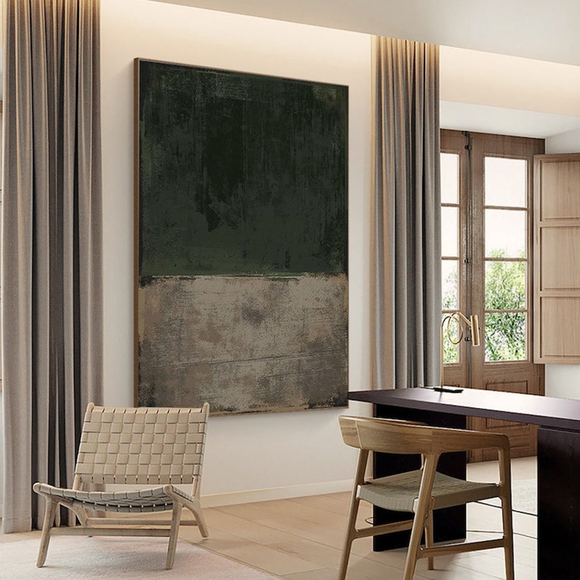 Dark Green & Beige Abstract Painting, Minimalist Painting on Canvas, Scandinavian Wall Art ...