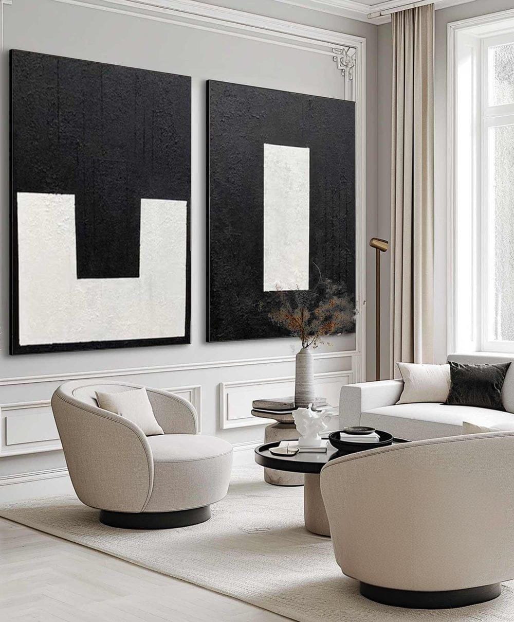 Set of 2 Black and White Abstract Paintings, Modern Wall Art, Set of 2 ...