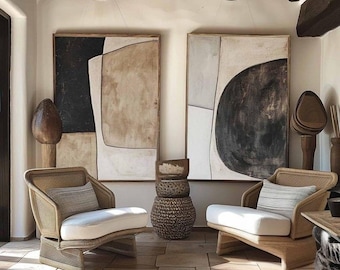 Set of 2 Abstract Paintings, Modern Wall Art, Set of 2 Scandinavian Art, Wabi Sabi beige & black Wall Art