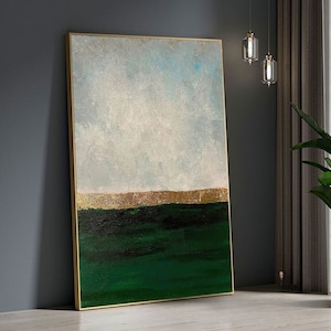 Gold and Green Wabi-Sabi Wall Art Grey Beige Abstract Painting Acrylic Painting, Minimalist Wall Decor