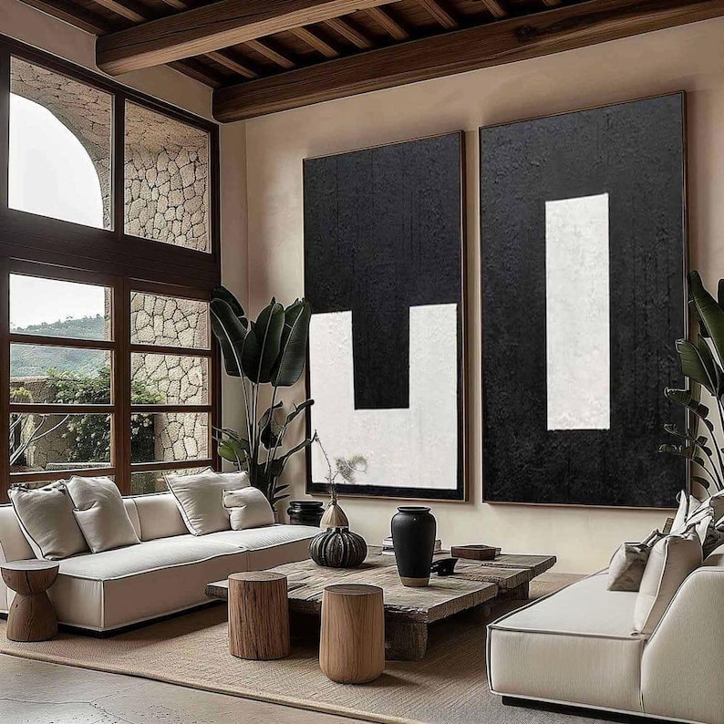 Set of 2 Black and White Abstract Paintings, Modern Wall Art, Set of 2 ...