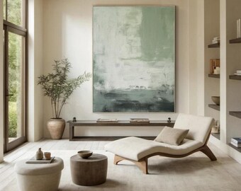Skandinavische Wandkunst, grün-weiße abstrakte Malerei, grüne minimalistische Wandkunst, Wabi Sabi Wandkunst, moderne Innenwandkunst