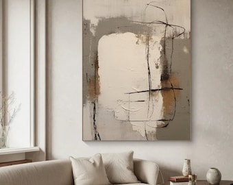 Scandinavian Wall Art, Light Brown Abstract Painting, Grey Minimalist Wall Decor, Wabi Sabi Wall Art, Black & White Wall Art