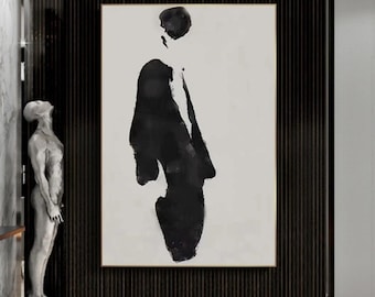 Woman Silhoute Wall Art, Black and White Abstract Painting, Black Minimalist Wall Decor, Wabi Sabi Wall Art, Black Wall Art