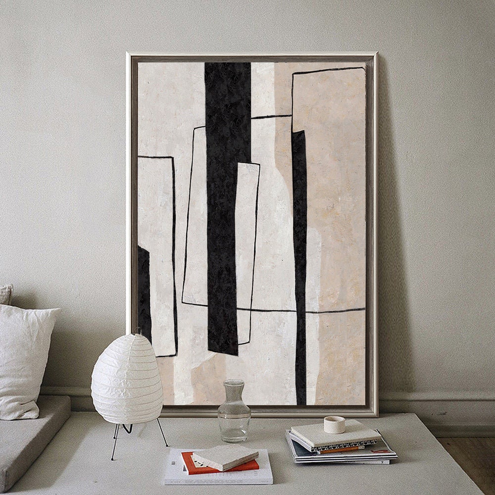 Minimalist Art Black & White Painting, Original Abstract Art for Living