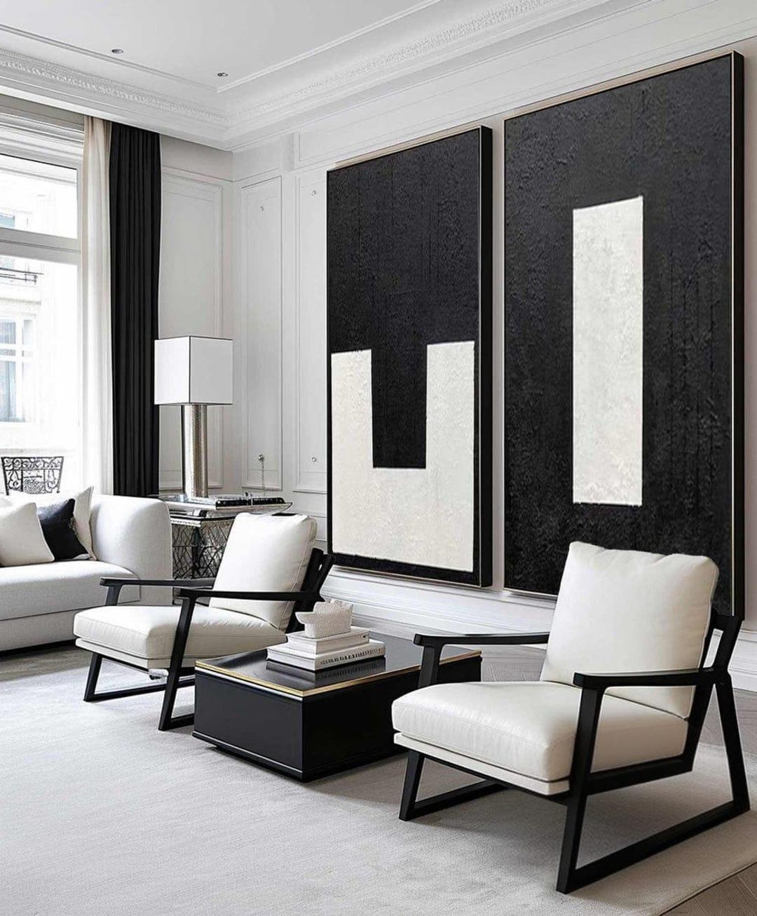 Set of 2 Black and White Abstract Paintings, Modern Wall Art, Set of 2 ...