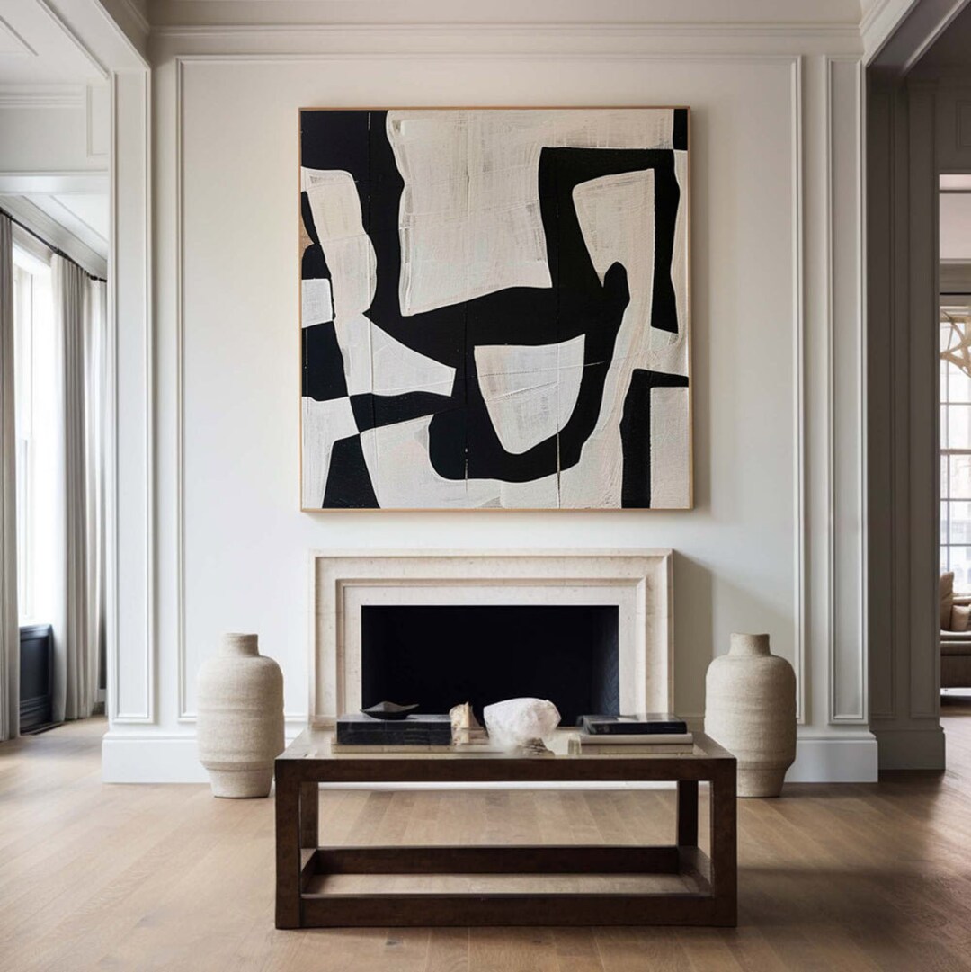 Black and White Minimalist Living Room Decor, Original Large Abstract ...