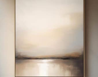 May include: Abstract painting with a muted color palette of beige, brown, and white. The painting depicts a landscape with a horizon line and a reflective body of water.