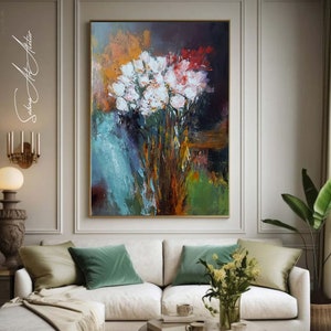 Original Flower Panting, Abstract Roses Wall Art, Minimalist Art, Dark Green Art, Brush Stroke Art, Green Abstract Artwork, Forest Green Art