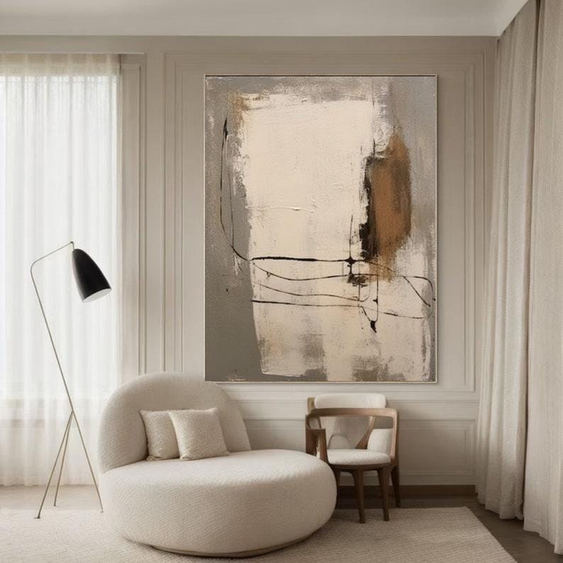 Scandinavian Wall Art, Light Brown Abstract Painting, Grey Minimalist Wall Decor, Wabi Sabi Wall Art, Black & White Wall Art