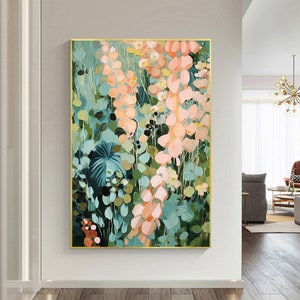 Large Abstract Painting, Flowers and Leaves, Dark Green  Minimalist Painting On Canvas, Textured Painting for Home Interiors