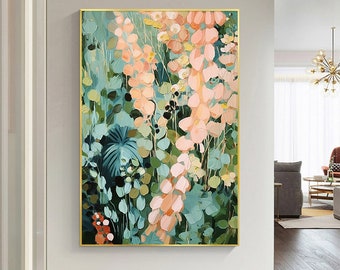 Large Abstract Painting, Flowers and Leaves, Dark Green  Minimalist Painting On Canvas, Textured Painting for Home Interiors