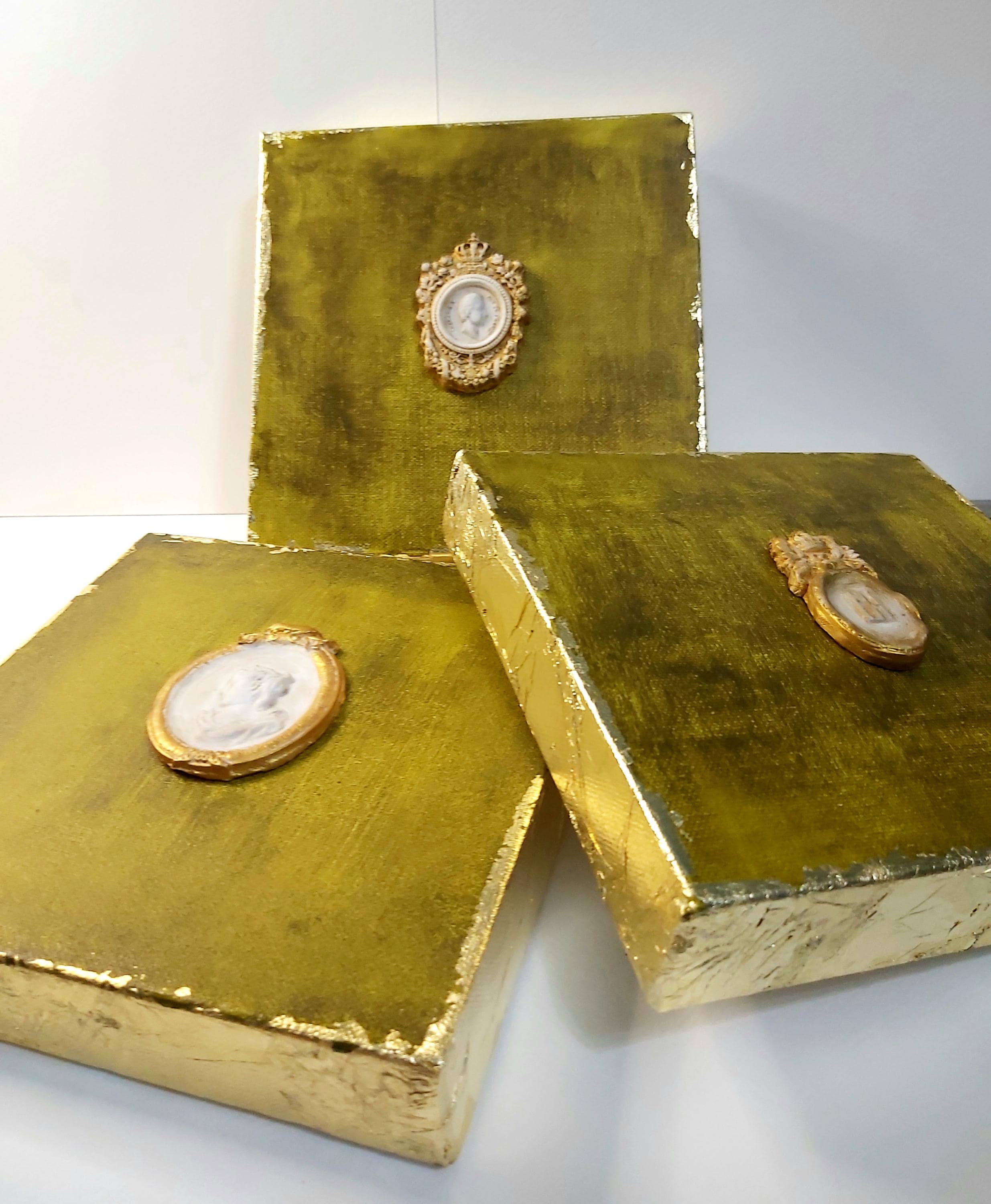 Set of 3 Intaglio Art - Gold leaf lyer, Intaglio Bundle, Set of Intaglios, Ancient Art Wall Decoration, Handmade Intaglios, Holiday Gift.