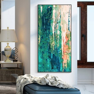 Emerald Green & Navy Blue Painting, Original Abstract Art, Minimalist Art, Brush Stroke Art, Green Abstract Artwork, Forest Green Art